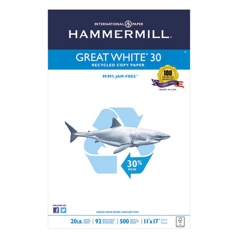 Hammermill - Great White Recycled Copy Paper, 92 Brightness, 20lb, 11 x 17, 500 Sheets/Ream, Sold as 1 RM
