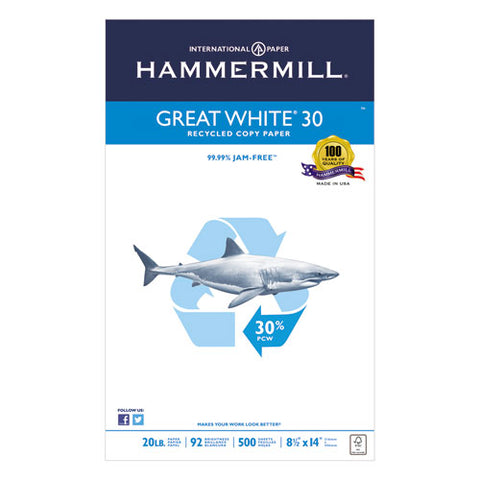 Hammermill - Great White Recycled Copy Paper, 92 Brightness, 20lb, 8-1/2 x 14, 500 Shts/Ream, Sold as 1 RM