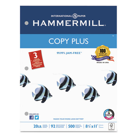 Hammermill - Copy Plus Copy Paper, 3-Hole Punch, 92 Brightness, 20lb, Ltr, White, 500 Shts/Rm, Sold as 1 RM
