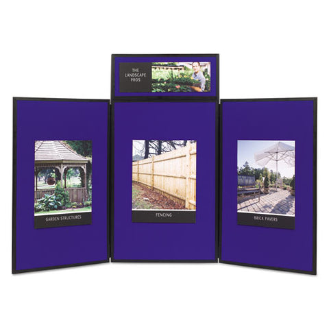 Quartet - ShowIt Three-Panel Display System, Fabric, Blue/Gray, Black PVC Frame, Sold as 1 EA