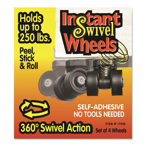 Roll-Arounds Instant Swivel Wheels, Self-Adhesive, Black, 4/Set, Sold as 1 Set