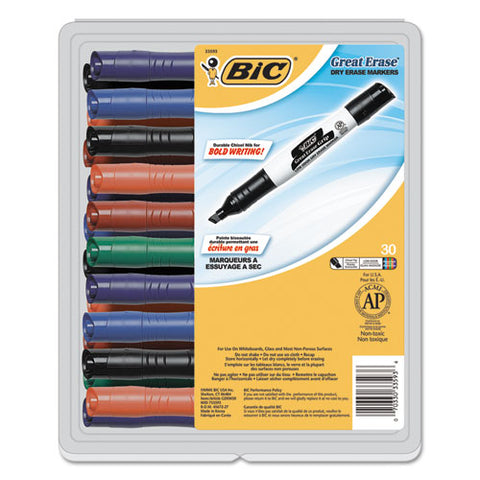 BIC - Great Erase Grip XL Dry Erase Markers, Chisel Tip, Assorted, 30/Pack, Sold as 1 PK