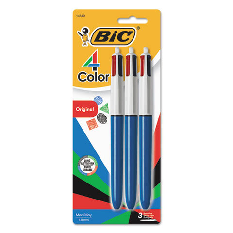 BIC - 4-Color Ballpoint Retractable Pen, Assorted Ink, Medium, 3 per Pack, Sold as 1 PK