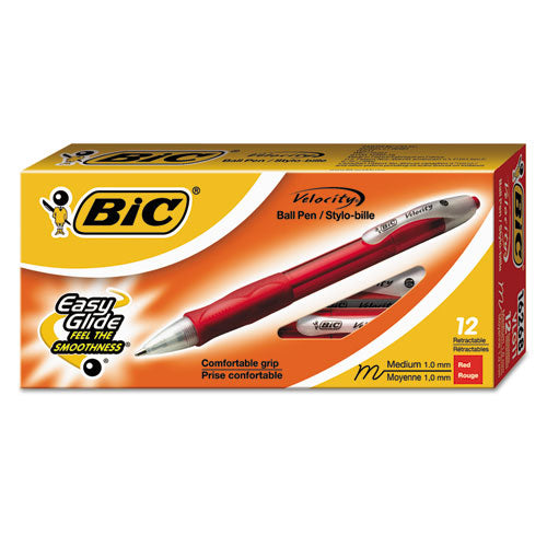 BIC - Velocity Ballpoint Retractable Pen, Red Ink, Medium, Dozen, Sold as 1 DZ