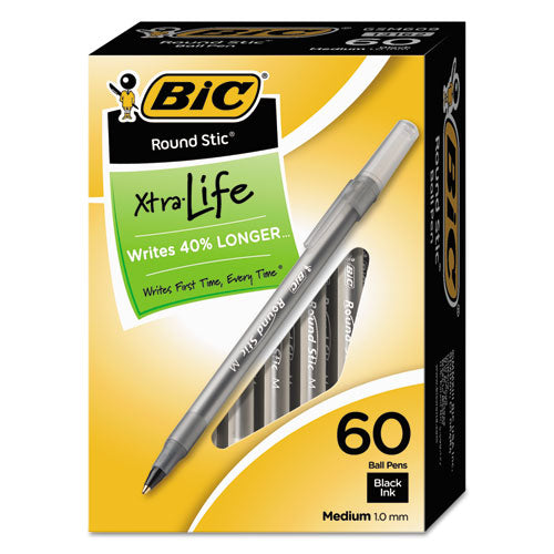 BIC - Round Stic Ballpoint Stick Pen, Black Ink, Medium, 60 per Pack, Sold as 1 BX