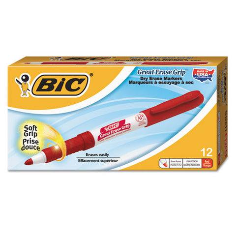 BIC - Great Erase Grip Dry Erase Markers, Fine Point, Red, Dozen, Sold as 1 DZ
