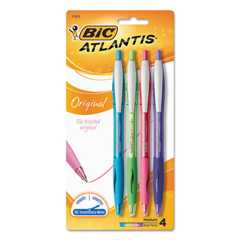 BIC - Atlantis Ballpoint Retractable Fashion Pen, Assorted Ink, Medium, 4 per Pack, Sold as 1 PK
