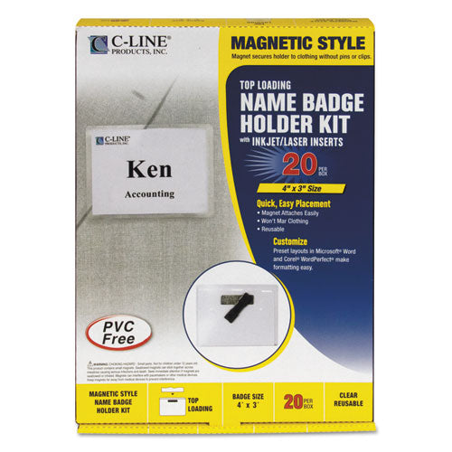 C-Line - Magnetic Name Badge Holder Kit, Horizontal, 4w x 3h, Clear, 20/Box, Sold as 1 BX