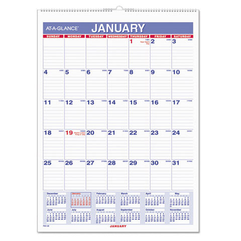 AT-A-GLANCE - Recycled Monthly Wall Calendar, Blue and Red,  8-inch x 11-inch, Sold as 1 EA