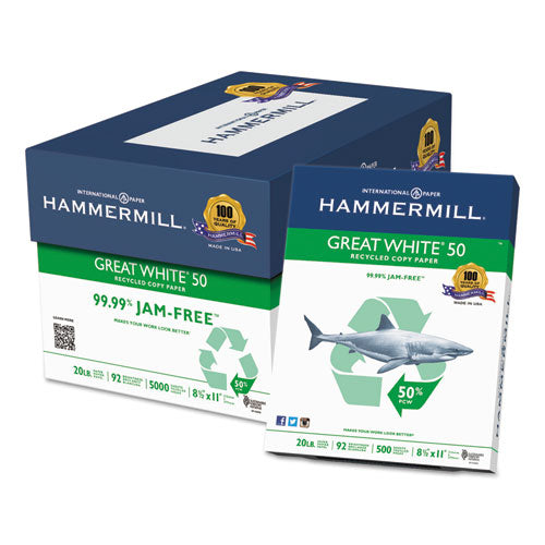 Hammermill - Great White 50 Recycled Copy Paper, 20-lb., 8-1/2 x 11, White, 5000/Carton, Sold as 1 CT