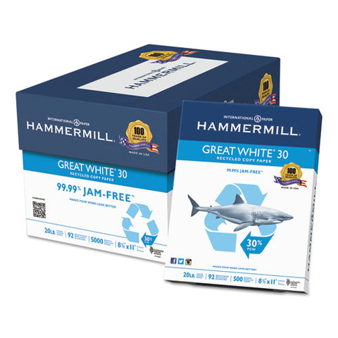 Hammermill - Great White Recycled Copy Paper, 92 Brightness, 20lb, 8-1/2 x 11, 5000 Shts/Ctn, Sold as 1 CT