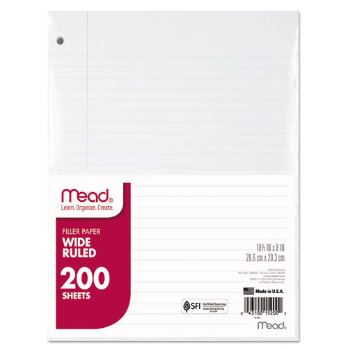 Mead - Filler Paper, 16-lbs., Wide Ruled, 3-hole punched, 10-1/2 x 8, 200 Sheets/Pack, Sold as 1 PK