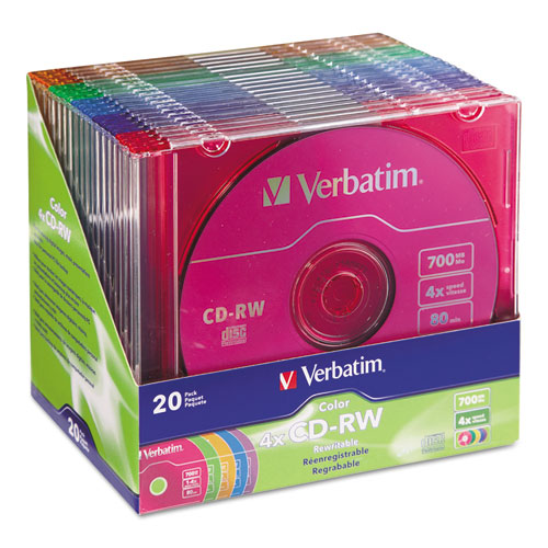 Verbatim - CD-RW Discs, 700MB/80min, 4x, Slim Jewel Cases, Assorted Colors, 20/Pack, Sold as 1 PK
