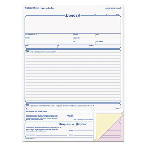 Contractor Proposal Form, 3-Part Carbonless, 8 1/2 x 11 7/16, 50 Forms, Sold as 1 Package