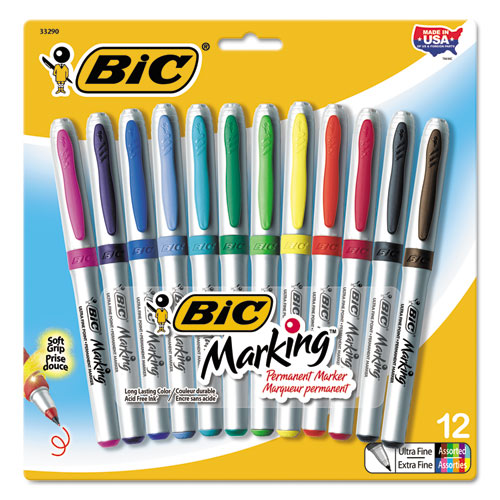 BIC - Mark-It Permanent Markers, Ultra-Fine Point, Assorted Colors, Dozen, Sold as 1 ST