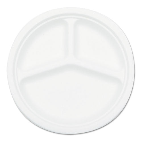 NatureHouse - Bagasse 10-inch Three-Compartment Plate, Round, White, 125/Pack, Sold as 1 PK
