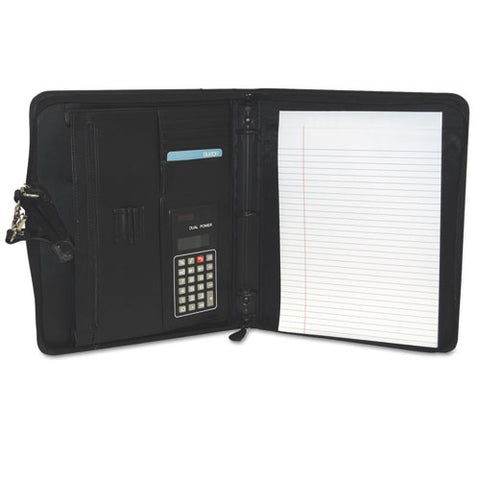Zip-Around Cal-Q Folio, Smooth Cover, Calculator, 3-Ring, Pad, Pocket, Black, Sold as 1 Each