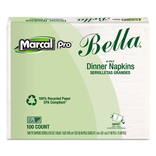 100% Premium Recycled Bella Dinner Napkins, 15 x 17, White, 3000/Carton, Sold as 1 Carton, 30 Package per Carton 