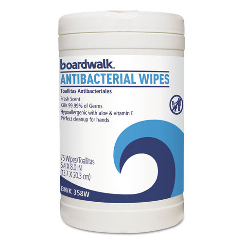 Antibacterial Wipes, 8 x 5 2/5, Fresh Scent, 75/Canister, 6 Canisters/Carton, Sold as 1 Carton, 6 Each per Carton 