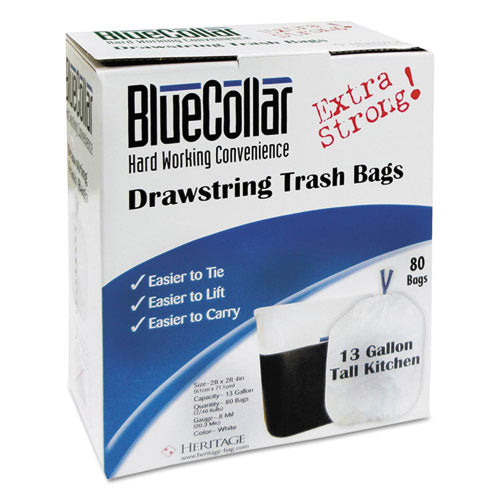 Drawstring Trash Bags, 13gal, 0.8mil, 24 x 28, White, 80/Box, 6 Boxes/Carton, Sold as 1 Carton, 480 Each per Carton 