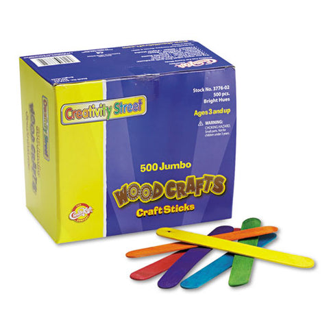 Chenille Kraft - Colored Wood Craft Sticks, Jumbo, 4 1/2 x 3/8, Wood, Assorted, 500/Box, Sold as 1 BX