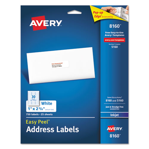 Avery - Easy Peel Inkjet Address Labels, 1 x 2-5/8, White, 750/Pack, Sold as 1 PK