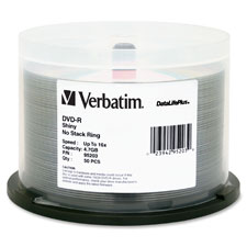 Verbatim DVD-R 4.7GB 16X DataLifePlus Shiny Silver Silk Screen Printable, Sold as 1 Package, 50 Each per Package 