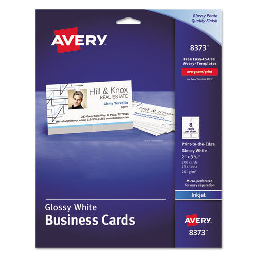 Avery - Inkjet Glossy Business Cards, 2 x 3 1/2, White, 8/Sheet, 200/Box, Sold as 1 BX