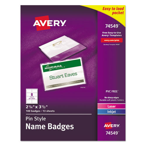 Avery - Badge Holders w/Laser/Inkjet Inserts, Top Loading, 2-1/4 x 3-1/2, White, 100/Box, Sold as 1 BX