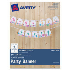 Avery Matte White Party Banner 80507, 3-4/5" x 4-5/16", Pack of 20 Cards, Sold as 1 Package
