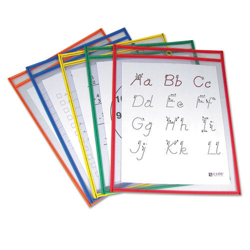 Reusable Dry Erase Pockets, 9 x 12, Assorted Primary Colors, 5/Pack, Sold as 1 Package