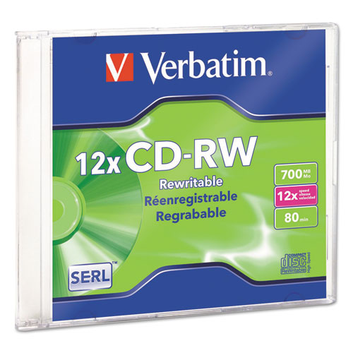 Verbatim - CD-RW Disc, 700MB/80min, 4x-12x, w/Slim Jewel Case, Silver, Sold as 1 EA
