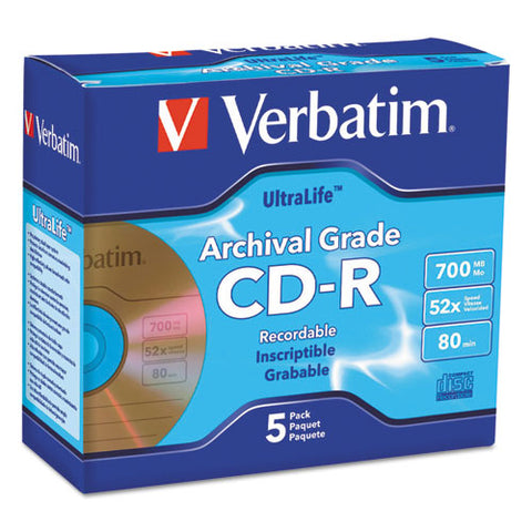 Verbatim - CD-R Archival Grade Disc, 700MB, 52x, w/Jewel Case, Gold, 5/Pack, Sold as 1 PK