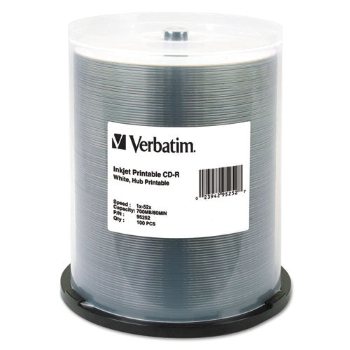 Verbatim - Hub IJ Printable CD-R Discs, 700MB/80min, 52x, Spindle, White, 100/Pack, Sold as 1 PK