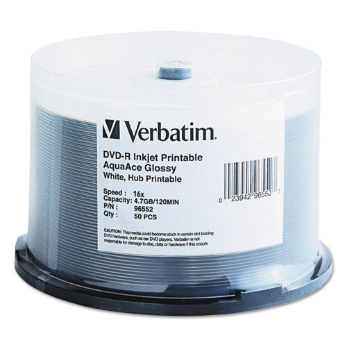 Verbatim - Inkjet Printable DVD-R Discs, 4.7GB, 8x, Spindle, White, 50/Pack, Sold as 1 PK