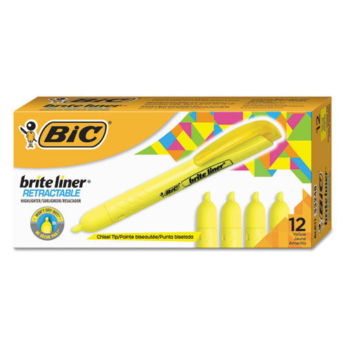 BIC - Brite Liner Retractable Highlighter, Chisel Tip, Fluorescent Yellow, 12/Pk, Sold as 1 DZ
