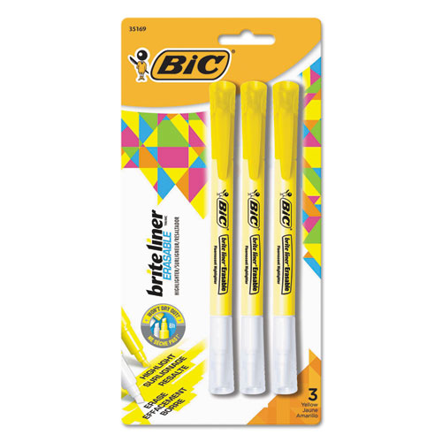 Brite Liner Erasable Highlighters, Fluorescent Yellow, 3/Pack, Sold as 1 Package