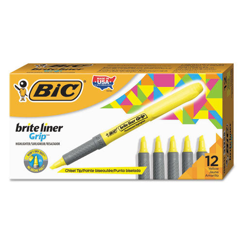 BIC - Brite Liner Grip Highlighter, Chisel Tip, Fluorescent Yellow Ink, 12/Pk, Sold as 1 DZ