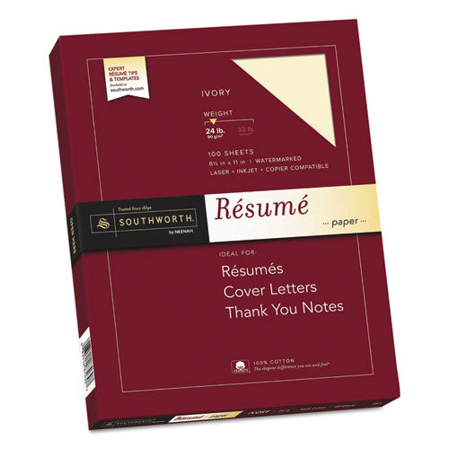Southworth - 100% Cotton Resume Paper, 24 lbs., 8-1/2 x 11, Ivory, 100/Box, Sold as 1 BX