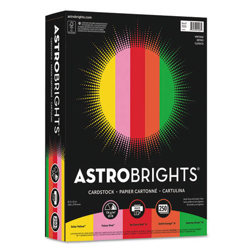 Wausau Paper - Astrobrights Colored Card Stock, 65 lbs., 8-1/2 x 11, Assorted, 250 Sheets, Sold as 1 PK