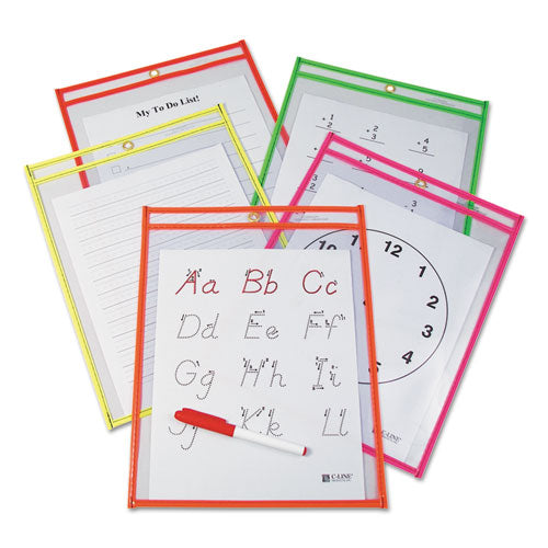 Reusable Dry Erase Pockets, 9 x 12, Assorted Neon Colors, 10/Pack, Sold as 1 Package