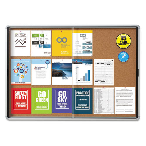 Enclosed Indoor Cork Bulletin Board w/Sliding Glass Doors, 56 x 39, Silver Frame, Sold as 1 Each