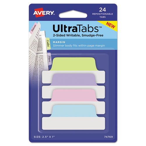 Ultra Tabs Repositionable Tabs, 2.5 x 1, Pastel:Blue, Pink, Purple, Green, 24/Pk, Sold as 1 Package