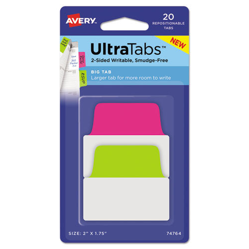 Ultra Tabs Repositionable Tabs, 2 x 1 3/4, Neon: Green, Pink, 20/Pack, Sold as 1 Package