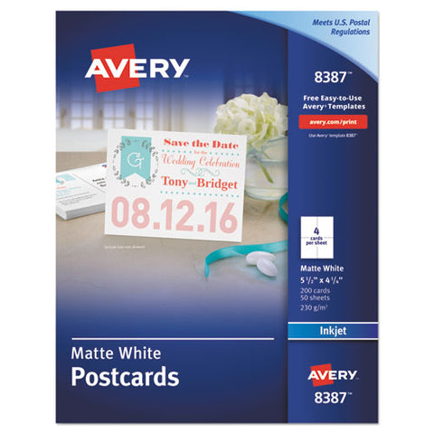 Avery - Inkjet-Compatible Postcards, 4-1/4 x 5-1/2, Four per Sheet, 200 Cards/Box, Sold as 1 BX