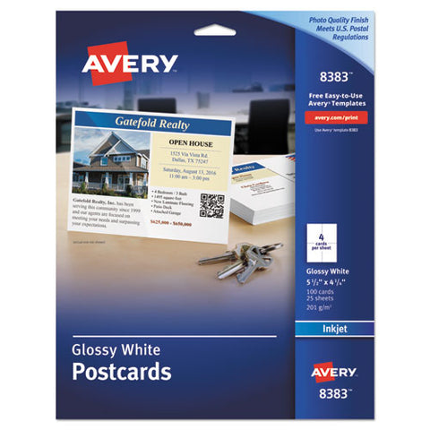 Avery - Inkjet Glossy Photo-Quality Postcards, 4-1/4 x 5-1/2, Four per Sheet, 100/Pack, Sold as 1 PK