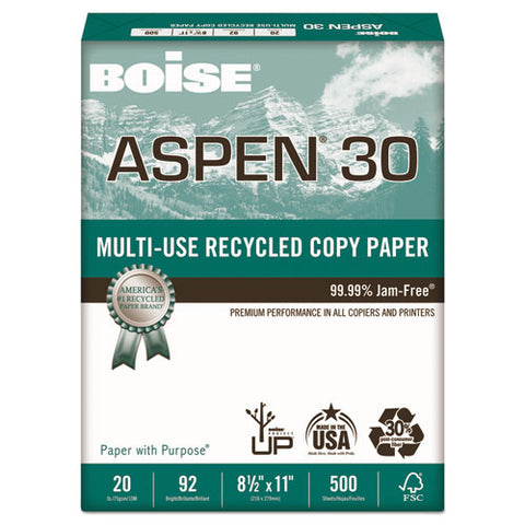 Boise - ASPEN 30% Recycled Office Paper,92 Bright, 20lb, 8-1/2 x 11, White, 5000/Carton, Sold as 1 CT
