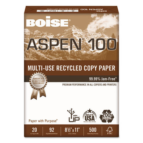 Boise - ASPEN 100% Recycled Office Paper, 92 Bright, 20lb, 8-1/2 x 11, White, 5000/Ctn, Sold as 1 CT