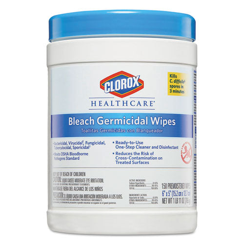 Bleach Germicidal Wipes, 6 x 5, Unscented, 150/Canister, Sold as 1 Carton, 6 Each per Carton 