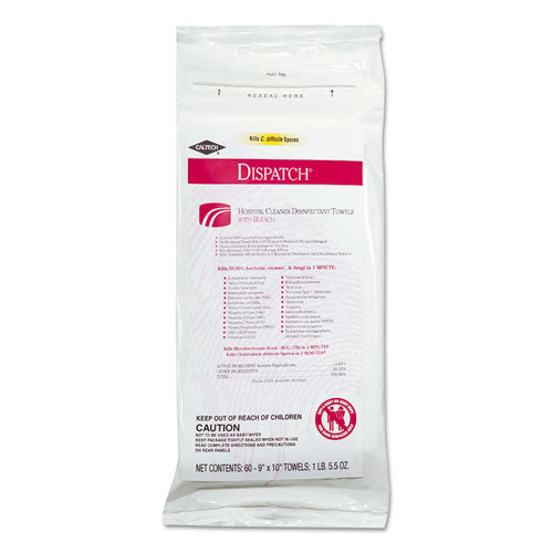 Dispatch Cleaner Disinfectant Towels with Bleach, 9 x 10, 60/Pack, 12 Pks/Carton, Sold as 1 Carton, 720 Each per Carton 